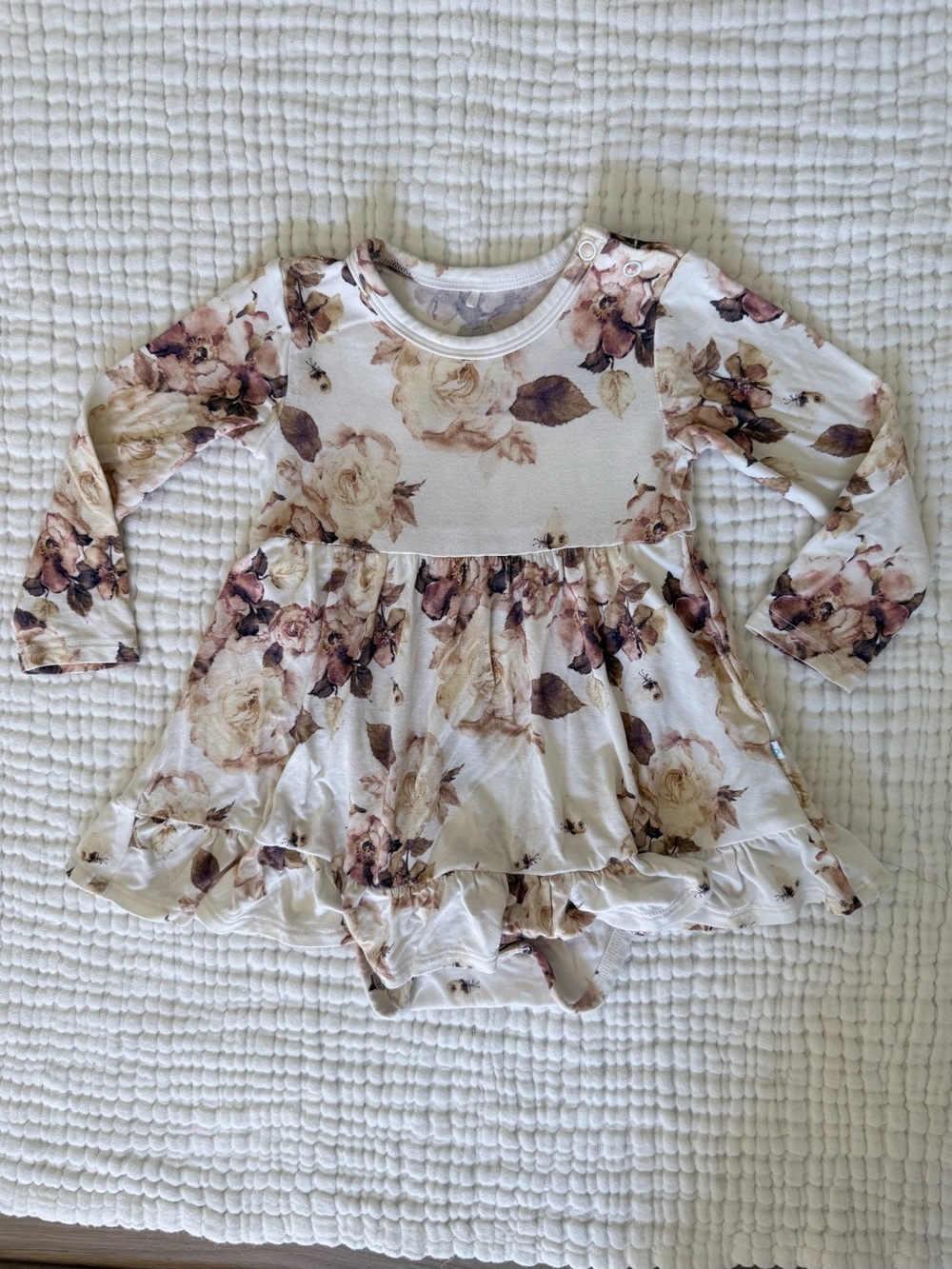 Posh Peanut - Floral Ruffle Long-Sleeve Baby Dress in Cream and Brown